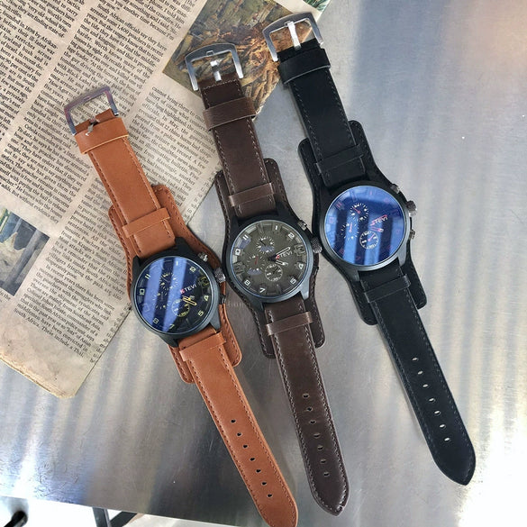 Military Watch Alloy Case Imitation Leather Strap Stainless Steel Clasp Round Dial Leisure Style