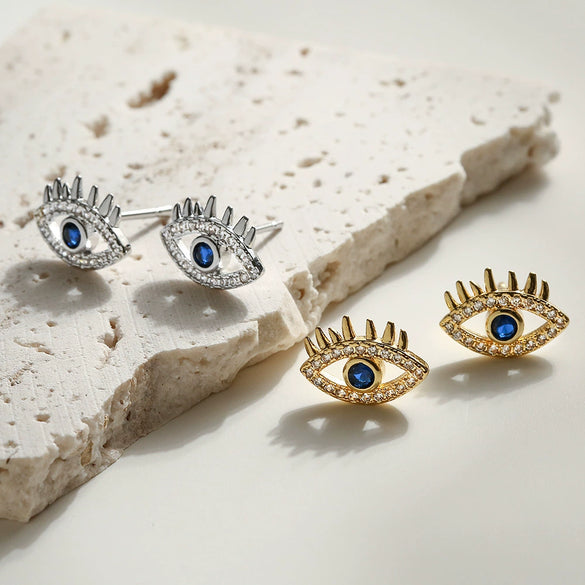 Mini Copper Real Gold Plated Zircon Geometric Devil's Eye Microinlay Earrings For Female Retro Style