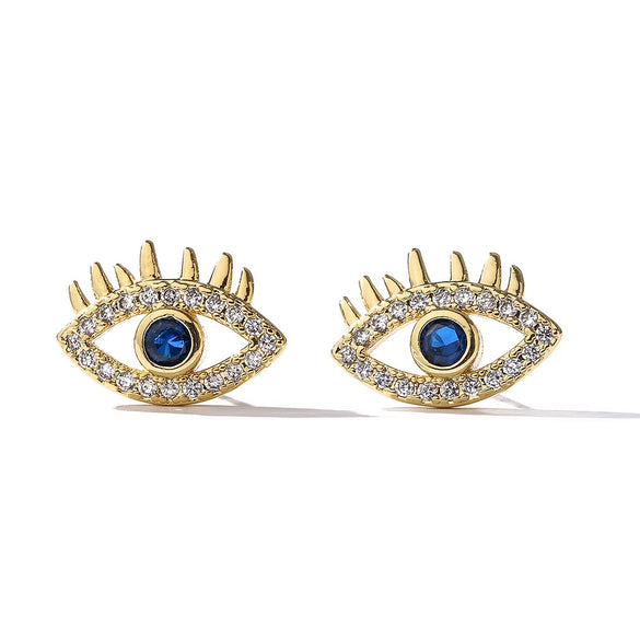 Mini Copper Real Gold Plated Zircon Geometric Devil's Eye Microinlay Earrings For Female Retro Style