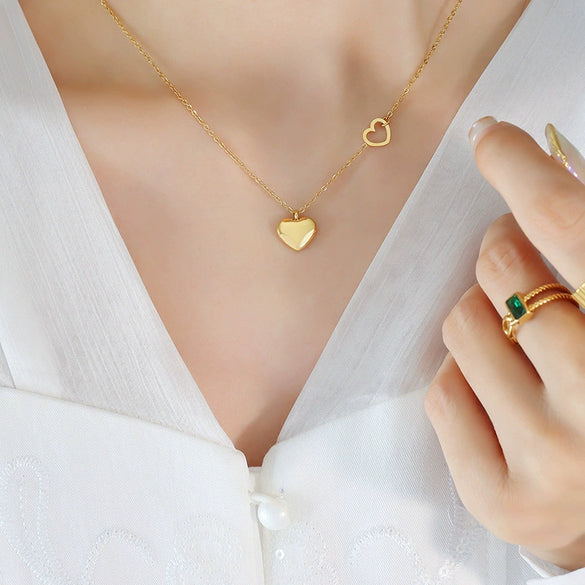 Mini Double Heart Love Necklace For Women Titanium Steel With 18K Gold Plated Electroplating All Match Clavicle Chain
