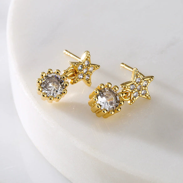 Mini Exquisite Geometric Stud Earrings For Women Copper Plated Real Gold Zircon