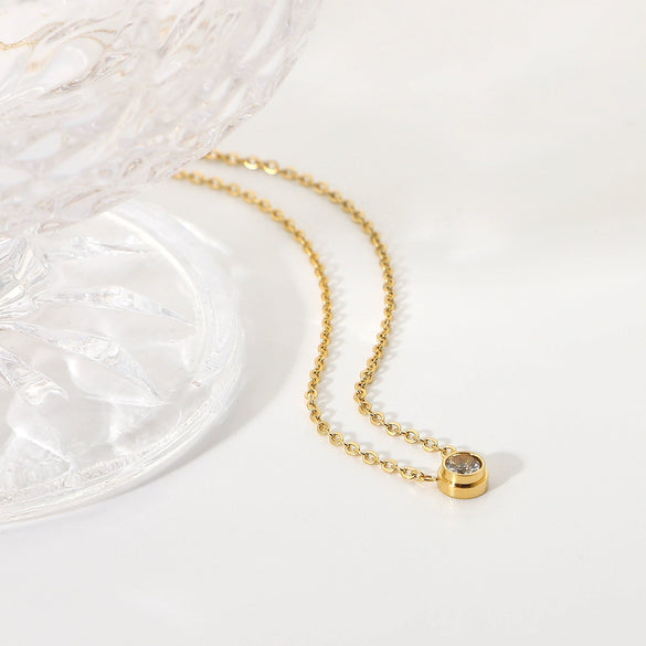 Mini Simple Women's Stainless Steel Pendant Necklace With Round Rectangular Zircon 18K Gold Exquisite Ball Chain Electroplating Treatment Geometric Pattern