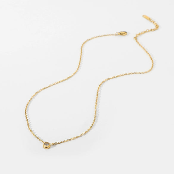 Mini Simple Women's Stainless Steel Pendant Necklace With Round Rectangular Zircon 18K Gold Exquisite Ball Chain Electroplating Treatment Geometric Pattern