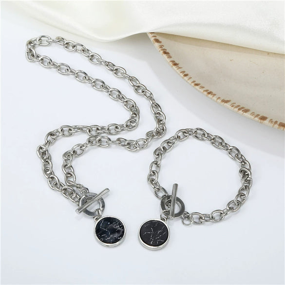 Minimal Style Round Clavicle Chain With Marble Pattern Alloy Handmade Jewelry Accessories Combination