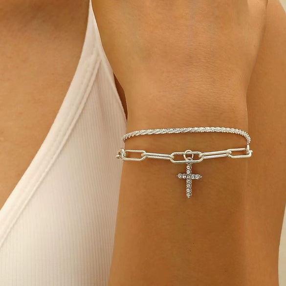 Minimalist Alloy Cross Pendant Necklace Set With Electroplating Water Wave Chain For Women