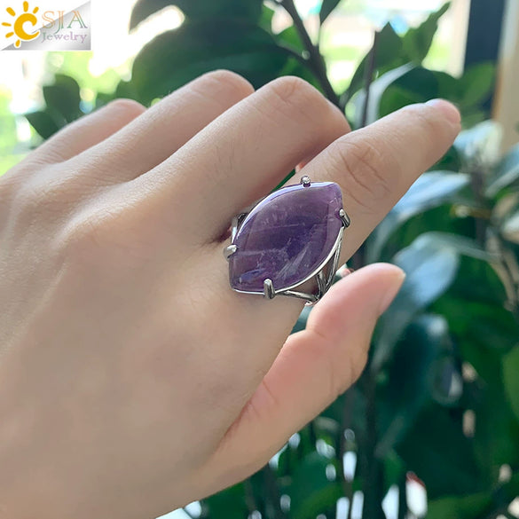 Minimalist Alloy Open Ring With Rhombus Horse Eye Natural Stone Inlay Fashion Adjustable Ring For Women