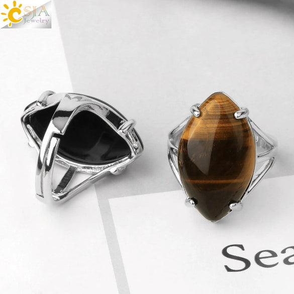 Minimalist Alloy Open Ring With Rhombus Horse Eye Natural Stone Inlay Fashion Adjustable Ring For Women