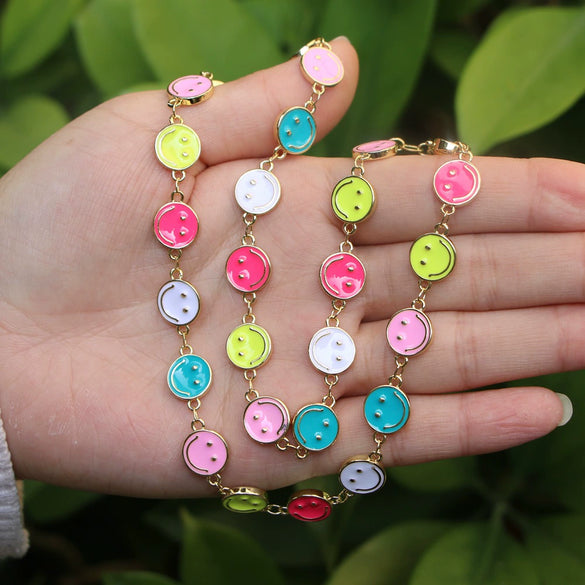 Minimalist Copper Enamel Heart And Smiley Star Pendant Necklace With Water Wave Chain For Women