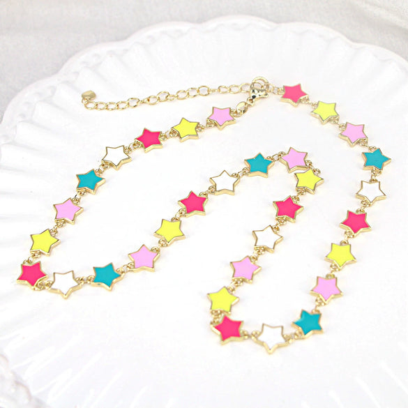 Minimalist Copper Enamel Heart And Smiley Star Pendant Necklace With Water Wave Chain For Women