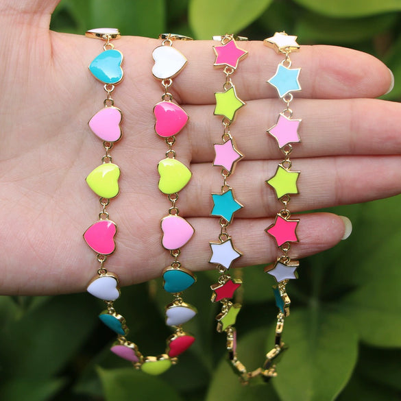 Minimalist Copper Enamel Heart And Smiley Star Pendant Necklace With Water Wave Chain For Women