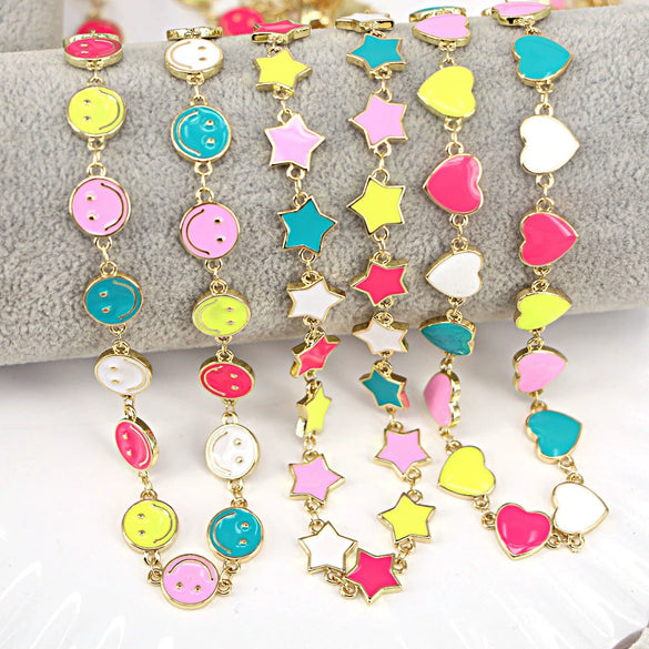 Minimalist Copper Enamel Heart And Smiley Star Pendant Necklace With Water Wave Chain For Women