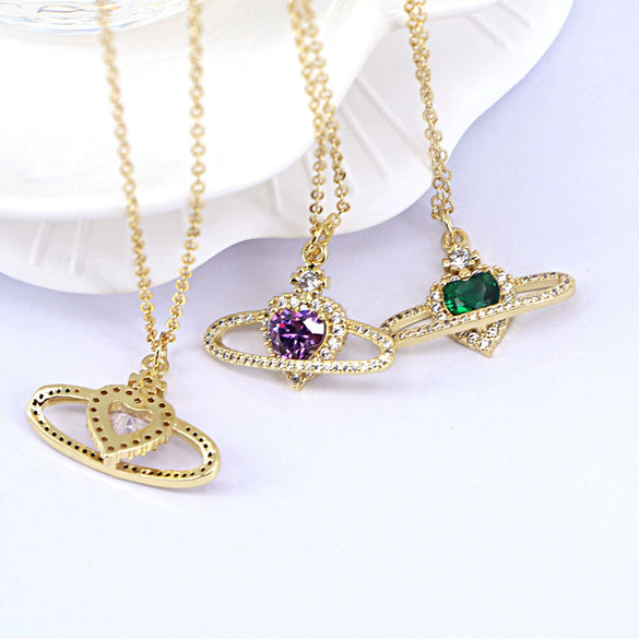 Minimalist Copper Heart Pendant Necklace With Zircon Inlay And Water Wave Chain Electroplated Fashion Jewelry For Women