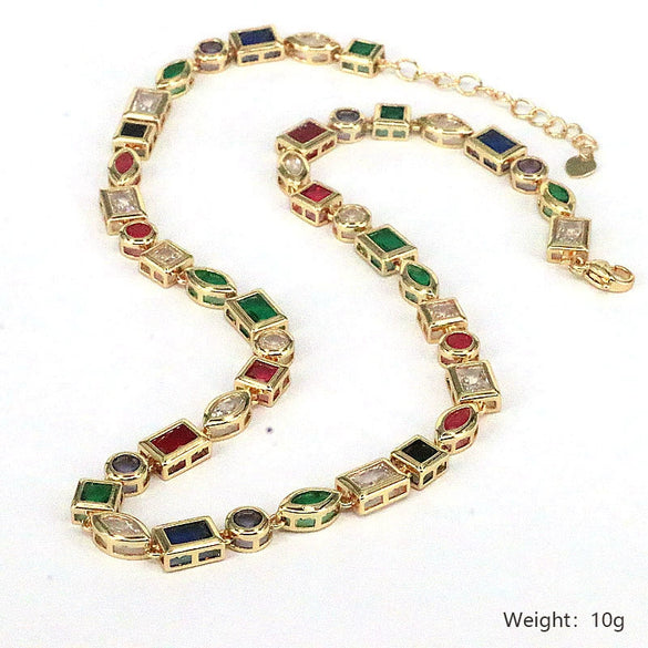 Minimalist Creative Color Geometric Zircon Copper Gold Plated Electroplated Fashion Necklace Bracelet Set For Women