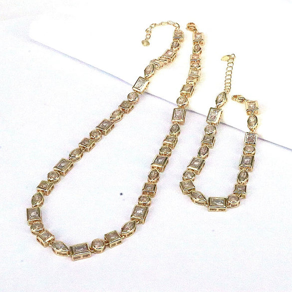 Minimalist Creative Color Geometric Zircon Copper Gold Plated Electroplated Fashion Necklace Bracelet Set For Women