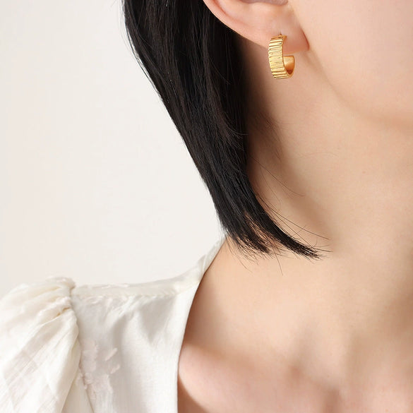 Minimalist Cshaped Plaid Elegant Earrings Titanium Steel 18K Gold Plated Accessories For Cold Summer Girls