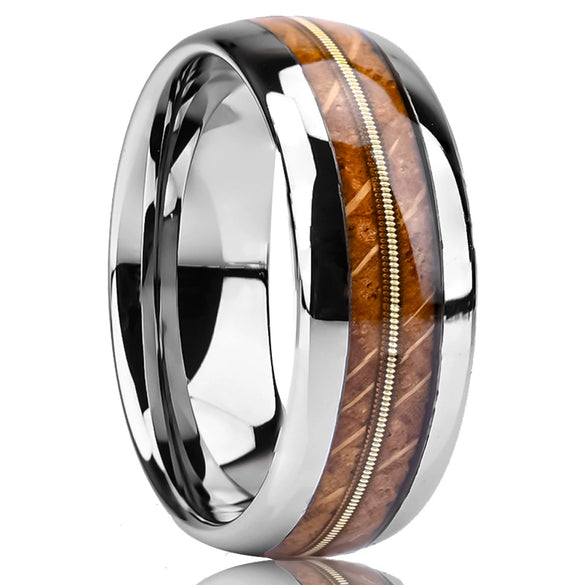 Minimalist Curved Tungsten Steel Ring With Guitar Fretboard Wood Inlay And Gold Electroplated Geometric Design