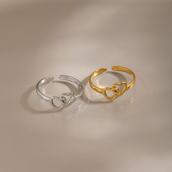 Minimalist Double Heart Hollow Open Ring For Women Pvd Gold Plated Stainless Steel Jewelry