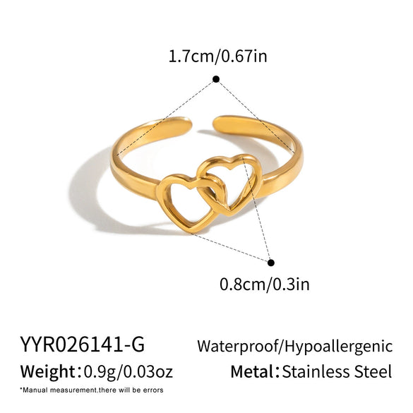 Minimalist Double Heart Hollow Open Ring For Women Pvd Gold Plated Stainless Steel Jewelry