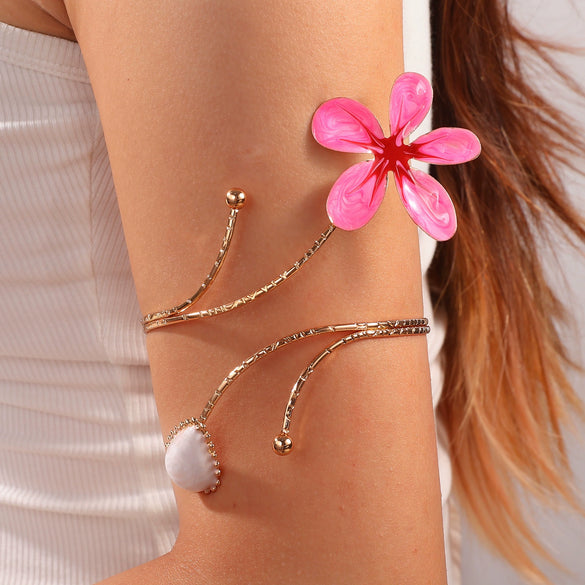 Minimalist Electroplated Alloy Open Cuff Bracelet With Enamel Floral Pattern Details