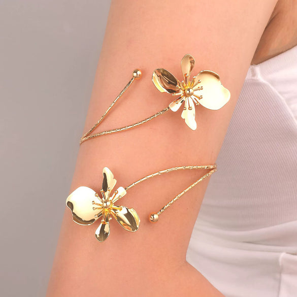 Minimalist Electroplated Alloy Open Cuff Bracelet With Enamel Floral Pattern Details