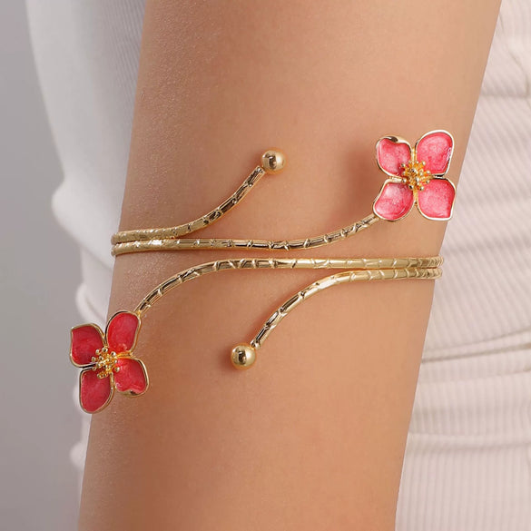 Minimalist Electroplated Alloy Open Cuff Bracelet With Enamel Floral Pattern Details