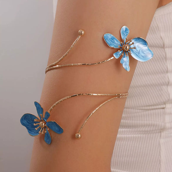 Minimalist Electroplated Alloy Open Cuff Bracelet With Enamel Floral Pattern Details