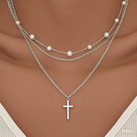 Minimalist Electroplated Copper Layered Pearl Chain Cross Necklace For Women With Geometric Round Pendant Light Luxury Clavicle Chain