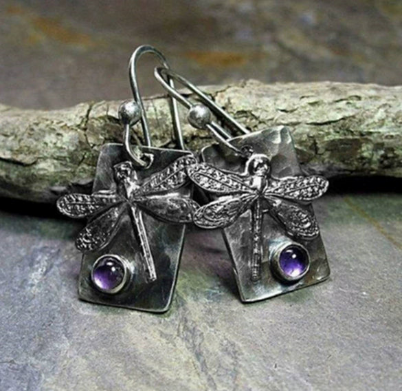 Minimalist Electroplated Metal Dragonfly Rectangular Earrings Insect Pattern Fashion Jewelry
