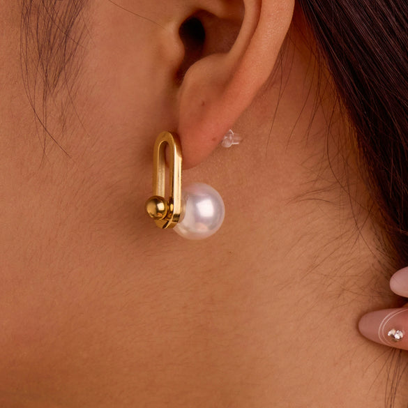 Minimalist Fashion Women's Imitation Pearl Stainless Steel Geometric Earrings With Electroplating