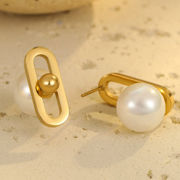 Minimalist Fashion Women's Imitation Pearl Stainless Steel Geometric Earrings With Electroplating