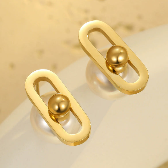 Minimalist Fashion Women's Imitation Pearl Stainless Steel Geometric Earrings With Electroplating