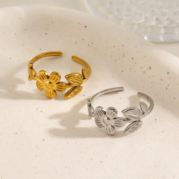 Minimalist Floral Stainless Steel Adjustable Ring For Women With Gold Tone Electroplated Finish