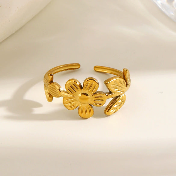 Minimalist Floral Stainless Steel Adjustable Ring For Women With Gold Tone Electroplated Finish