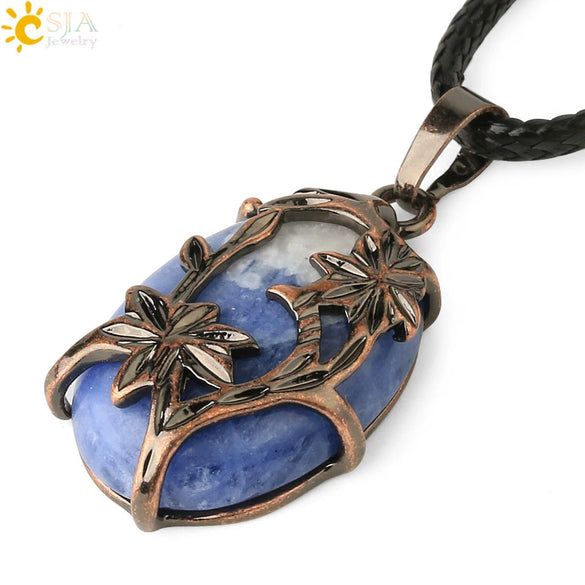 Minimalist Flower Pendant Necklace With Natural Stone And Crystal On Wax Rope Plated Bronze Jewelry For Women