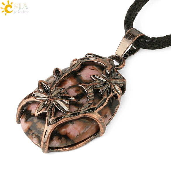 Minimalist Flower Pendant Necklace With Natural Stone And Crystal On Wax Rope Plated Bronze Jewelry For Women