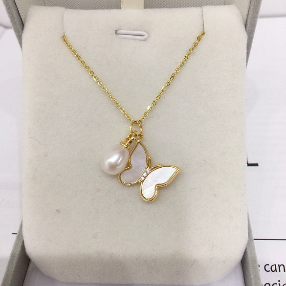 Minimalist Freshwater Pearl And Copper Pendant Jewelry With Butterfly Design Rice And Droplet Shapes