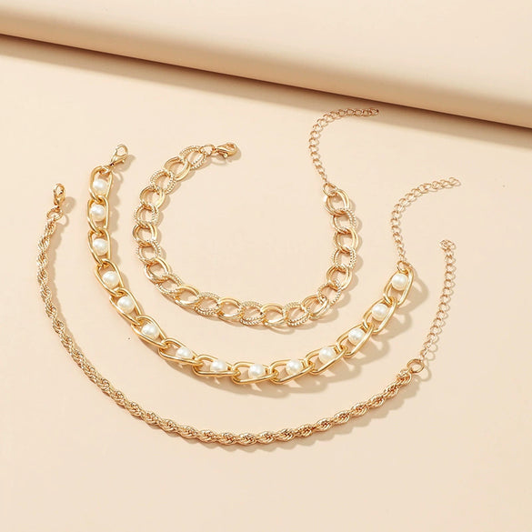 Minimalist Geometric Alloy Thick Chain Bracelet Set With Pearls Retro Fashion Statement Link Bracelets