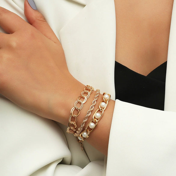 Minimalist Geometric Alloy Thick Chain Bracelet Set With Pearls Retro Fashion Statement Link Bracelets
