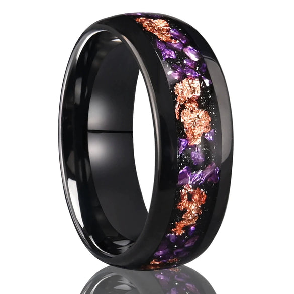 Minimalist Geometric Black Electroplated Tungsten Steel Ring With Crushed Gold Foil Inlay Unisex Jewelry