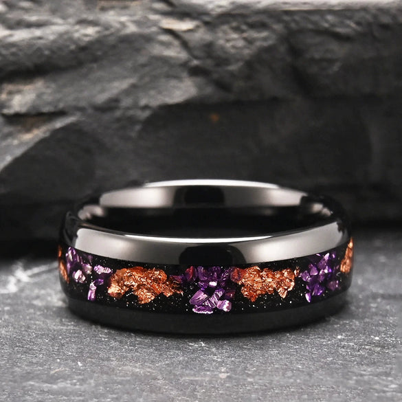 Minimalist Geometric Black Electroplated Tungsten Steel Ring With Crushed Gold Foil Inlay Unisex Jewelry