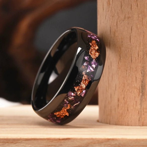 Minimalist Geometric Black Electroplated Tungsten Steel Ring With Crushed Gold Foil Inlay Unisex Jewelry