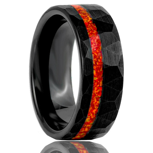 Minimalist Geometric Black Tungsten Steel Ring With Red Opal Stone And Electroplated Gold Finish For Unisex Jewelry