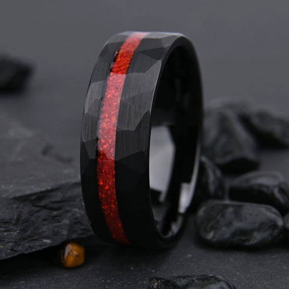 Minimalist Geometric Black Tungsten Steel Ring With Red Opal Stone And Electroplated Gold Finish For Unisex Jewelry