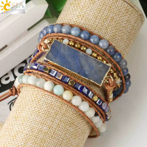 Minimalist Geometric Blue Aventurine Stone Multi Layer Bracelet With Hand Woven Rope And Beaded Details For Unisex Wear