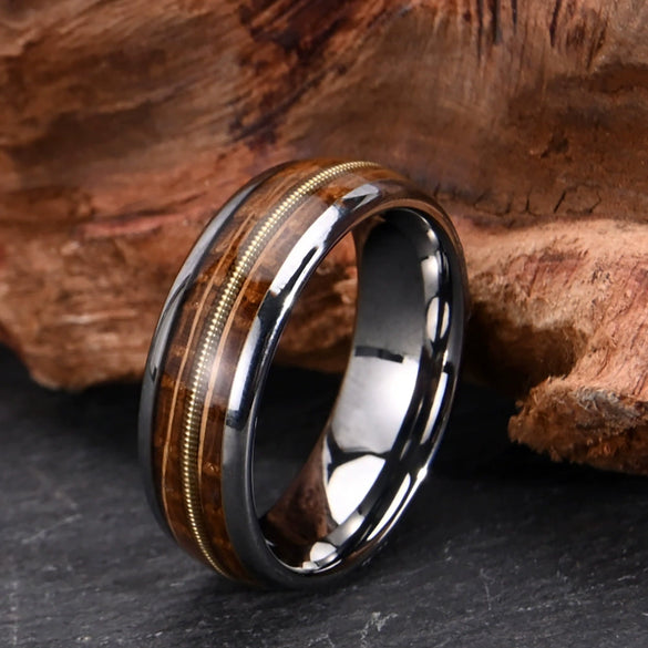 Minimalist Geometric Curved Tungsten Steel Ring With Goldtone Inlaid Line Electroplated Unisex Jewelry