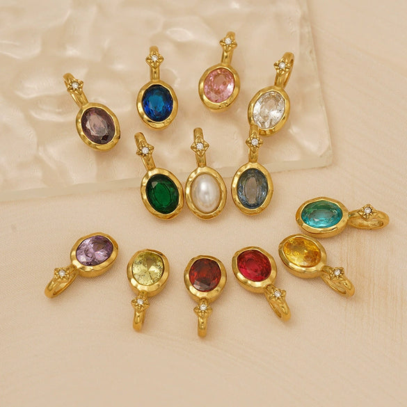 Minimalist Geometric December Birthstone Rhinestone Pendant In 316 Stainless Steel With Colorful Pearl Detail And Electroplated Finish