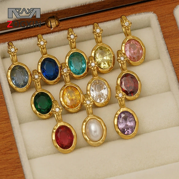 Minimalist Geometric December Birthstone Rhinestone Pendant In 316 Stainless Steel With Colorful Pearl Detail And Electroplated Finish