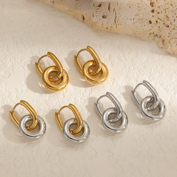 Minimalist Geometric Doublering Stainless Steel Earrings For Women With Pvd Furnace Vacuum Real Gold Plating