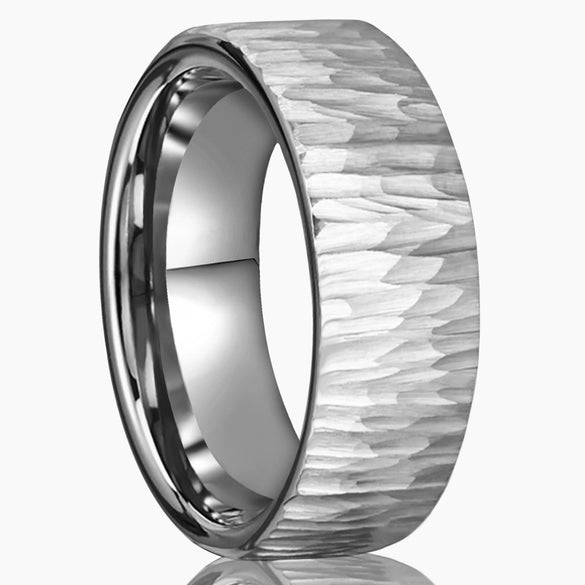 Minimalist Geometric Hammered Flat Band Ring In Naturaltone Electroplated Tungsten Steel For Men And Women