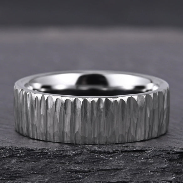 Minimalist Geometric Hammered Flat Band Ring In Naturaltone Electroplated Tungsten Steel For Men And Women